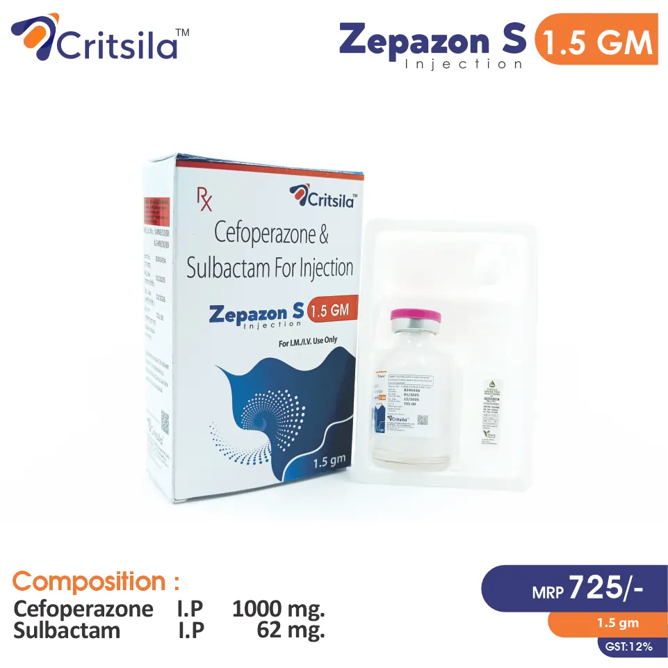 Cefoperazone (1000mg) + Sulbactam (500mg) Zepazon S 1.5 GM Injection at best price in PCD Pharma Franchise for bacterial infections.